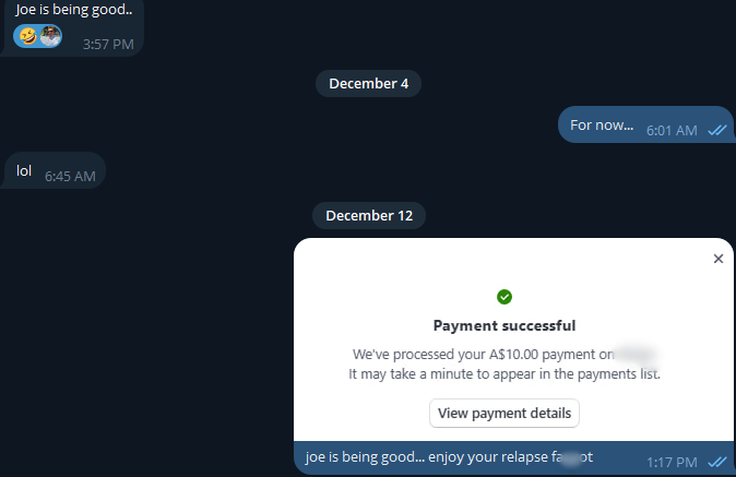 It started with this...

Master thinking of fucking joes finances at 1:17pm on Friday.

That led to Me doing it, taking a quick $10 from his card without his knowledge.

True fg ATM treatment right?

findom