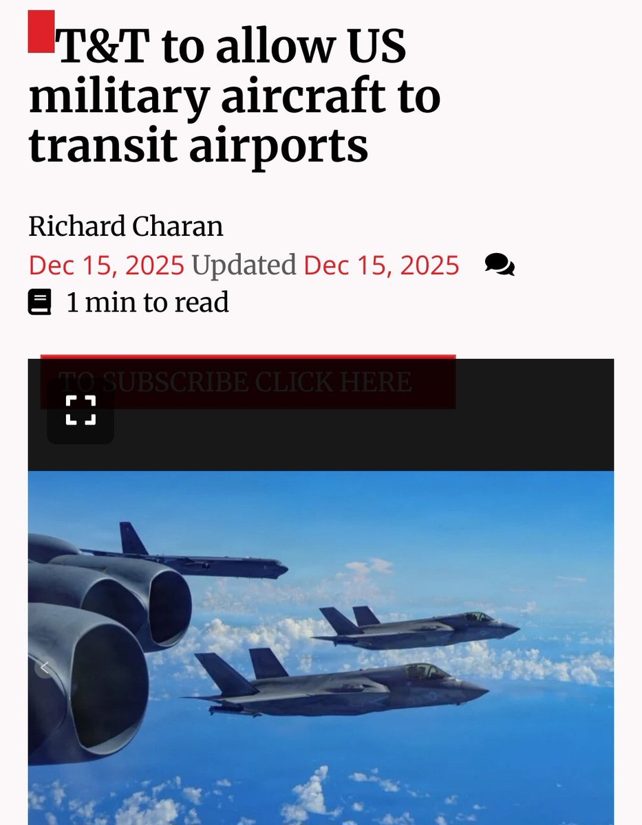 As part of its war of aggression against Venezuela, and its imposition of the colonial Monroe Doctrine, the US is militarizing the Caribbean.

Trinidad and Tobago just quietly announced that it will allow US military aircraft to transit its local airports.
trinidadexpress.com/newsextra/t-t-…