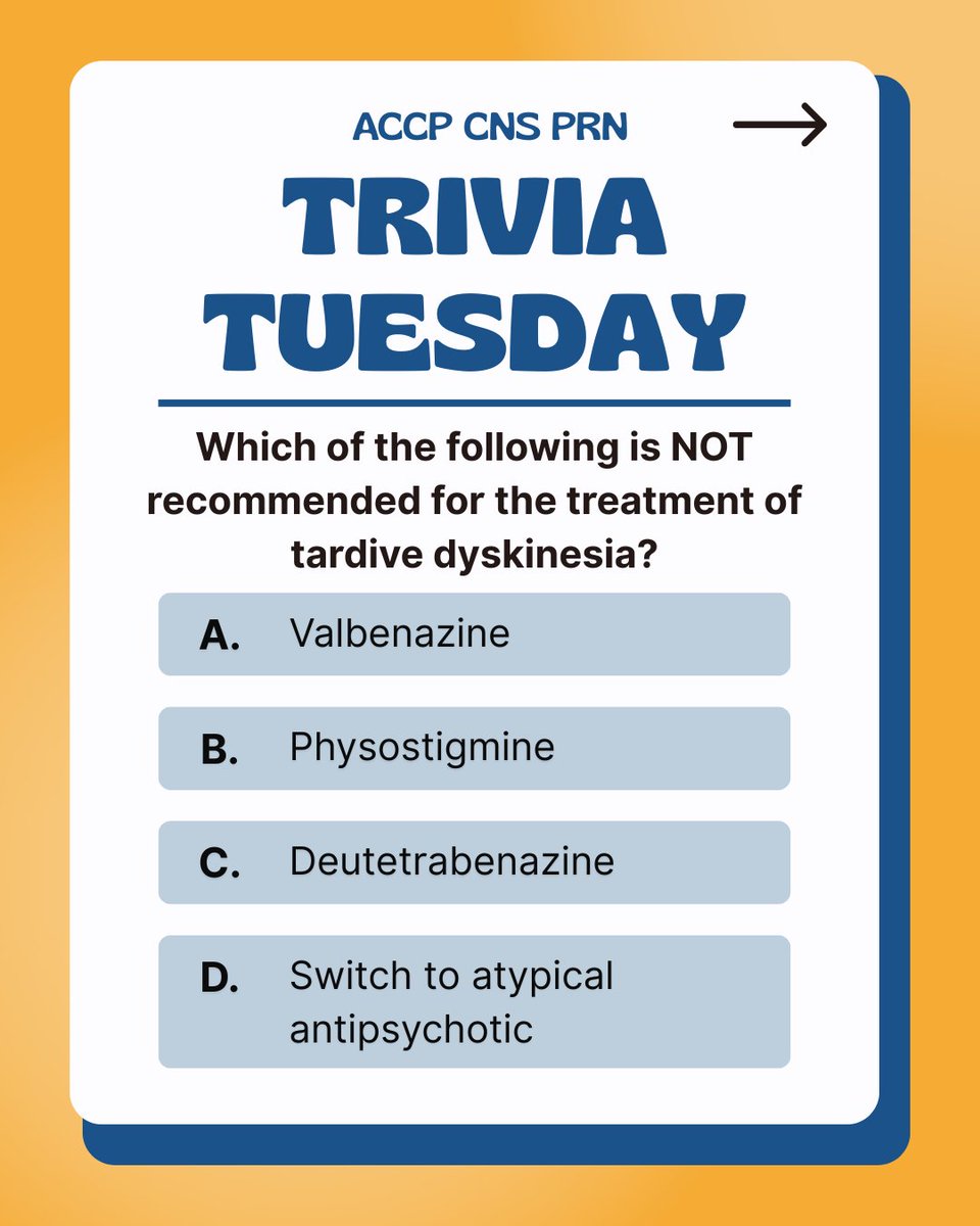 accpcnsprn's tweet photo. Time for another Trivia Tuesday! Swipe for the right answer related to Tardive Dyskinesia and stay tuned for future trivia and board prep questions! https://t.co/lbFkoGiTZ9