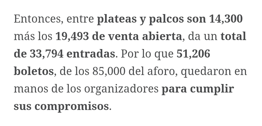 Entiendo que en cualquier evento siempre habrá una cantidad de boletos destinada a patrocinadores, directivos, familiares de jugadores, etc

Pero que esa cifra sea EL 60% DEL AFORO es una mentada de madre, extremadamente lamentable