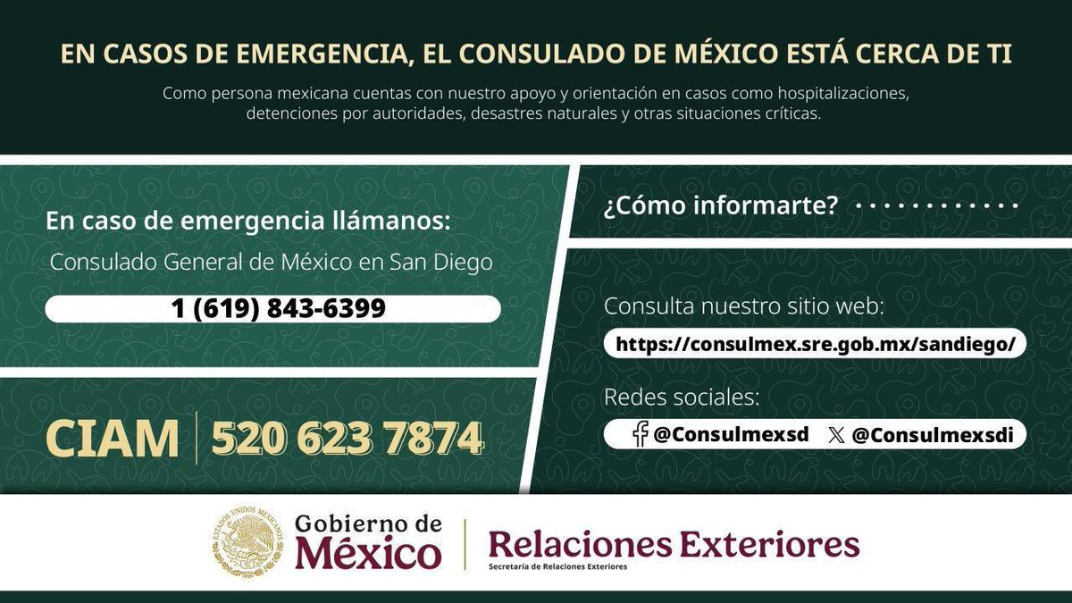 Frente a operativos migratorios conducidos por la autoridad de EE. UU., 🇺🇸, recuerda que tu Consulado General de México 🇲🇽 está para asistirte. Llama al Centro de Información y Asistencia a Personas Mexicanas (CIAM) o a nuestro teléfono☎️de emergencias 👇#NoEstásSola #NoEstásSolo