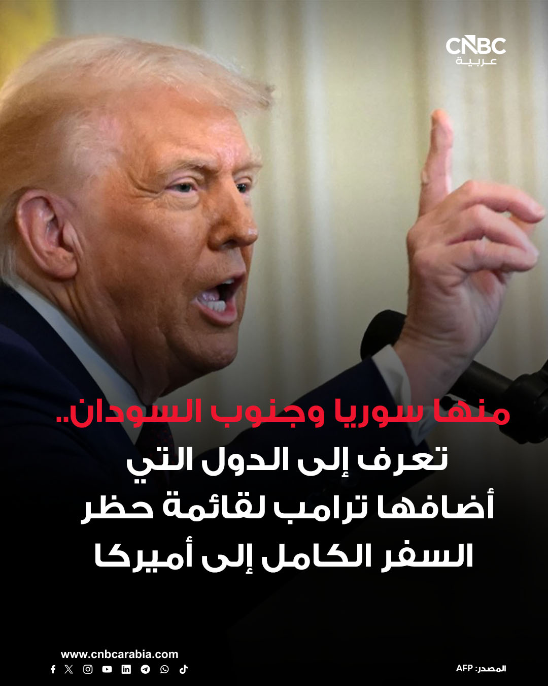 سوريا وجنوب السودان من بين سبع دول يضيفها إعلان جديد وقعه الرئيس الأميركي دونالد ترامب، يوم الثلاثاء 16 ديسمبر/ كانون الأول، لقائمة الدول الخاضعة لحظر السفر الكامل للولايات المتحدة. قائمة الدول الجديدة الجديدة التي يحظر دخول مواطنيها إلى الولايات المتحدة تتضمن: سوريا، وجنوب السودان، وبوركينا فاسو، ومالي، والنيجر، وسيراليون، ولاوس، إلى جانب حظر دخول من يحملون وثائق سفر صادرة عن السلطة الفلسطينية. البيت الأبيض يقول في بيان، إن الإعلان الذي وقعه الرئيس الأميركي "يوسع قيود الدخول (إلى الولايات المتحدة) ويشددها على رعايا البلاد التي تعاني من قصور واضح ومستمر وشديد في الفحص والتدقيق وتبادل المعلومات لحماية الأمة من تهديدات الأمن القومي والسلامة العامة" 