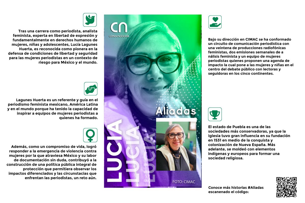 Cimacnoticias's tweet image. Desde su dirección en #CIMAC, Lucía Lagunes Huerta planteó la necesidad de romper con esquemas patriarcales y colocar en la esfera pública a la mitad de la población históricamente excluida: las mujeres. 
📲 Lee #Aliadas: tinyurl.com/AliadasLuciaLH