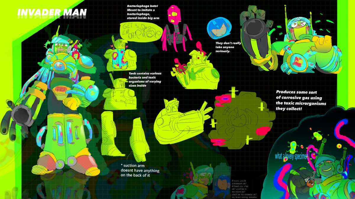 DWN045's tweet image. #DesignARobotMaster #megamando @MegaMan 
INVADER MAN!
Funfacts:
Their name has like, a triple meaning.
Space Invaders, aliens in movies who abduct and probe 'specimens'

Invader like body invader, like virus's and toxic organisms!

and Invader like the actual meaning!