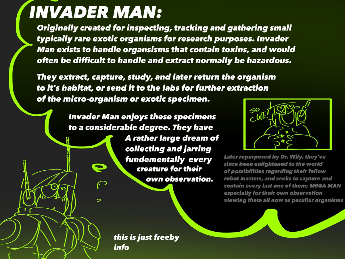 DWN045's tweet image. #DesignARobotMaster #megamando @MegaMan 
INVADER MAN!
Funfacts:
Their name has like, a triple meaning.
Space Invaders, aliens in movies who abduct and probe 'specimens'

Invader like body invader, like virus's and toxic organisms!

and Invader like the actual meaning!