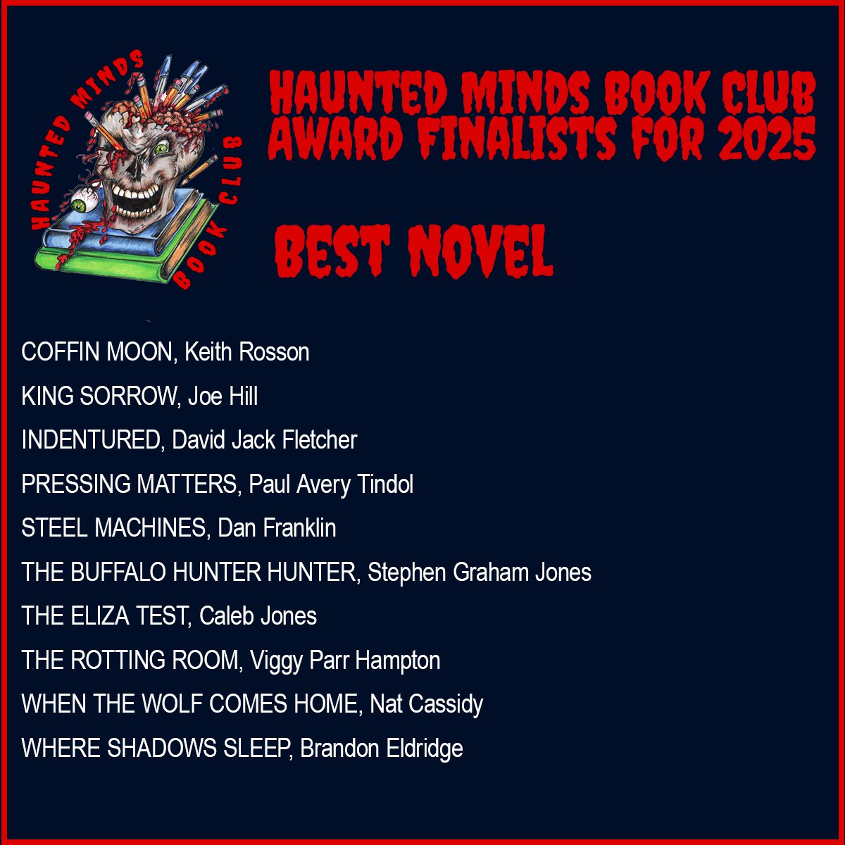 HERE ARE YOUR 2025 HAUNTED MINDS BOOK CLUB AWARDS FINALISTS!!!

Congrats to everyone! These lists are a combination of an open popular vote and jury selections.

Winners will be announced during the New Years Eve broadcast on m.youtube.com/@HauntedMinds.