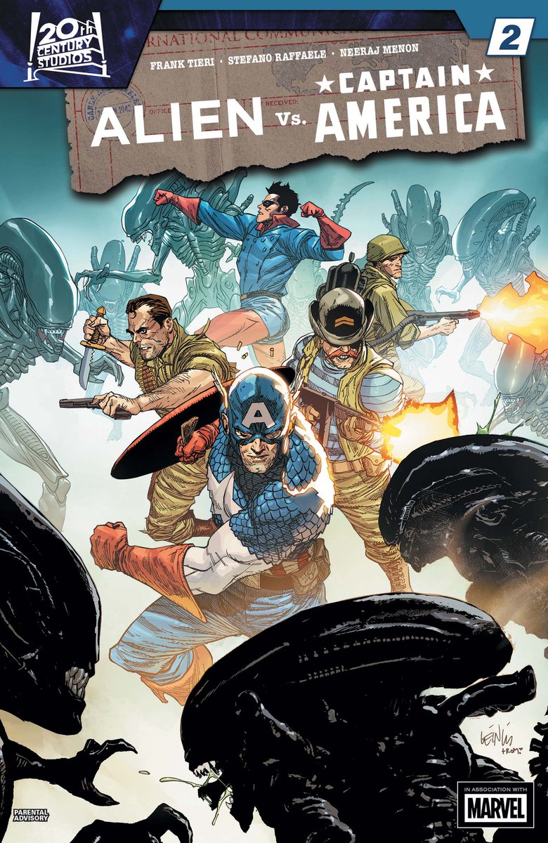 Aliens Vs Captain America Issue 2 is released today. Writer Frank Tieri,  Penciller Stefano Raffaele, with Cover Artist Leinil Francis Yu.