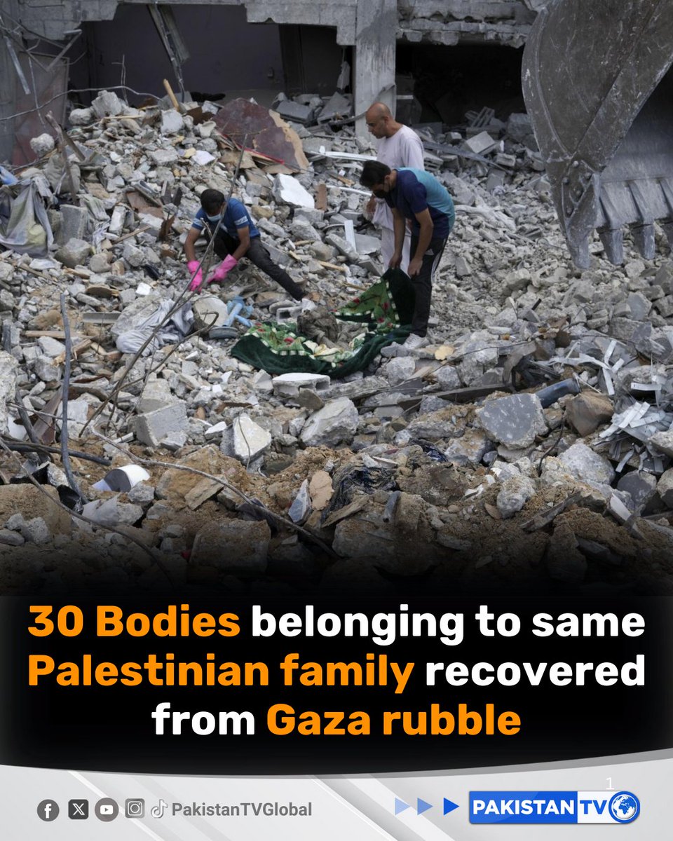PakTVGlobal's tweet image. Gaza Civil defence teams have recovered the bodies of 30 Palestinians from the same family in the rubble of their home in western Gaza City.

#Gaza #GazaCity #Palestinians #CivilDefence #HumanitarianCrisis #IsraelGazaWar  #MiddleEast #BreakingNews #PakistanTV #PakistanTvglobal