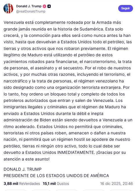 Trump anunció un bloqueo total a los buques petroleros venezolanos. Para que no sea considerado un "acto de guerra" y evitar tener que pedirle permiso del Congreso tiene que invocar la International Emergency Economic Powers Act (IEEPA)  o considerarla una "cuarentena" como la