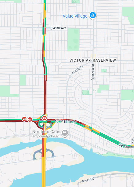 NewsRadioVAN's tweet photo. 4:25-#KnightStreetBridge 
Collision involving a semi on SE Marine Way just before the Knight Street Bridge Curb and Center lane blocked. Just happened. https://t.co/tOkzWTXaP3