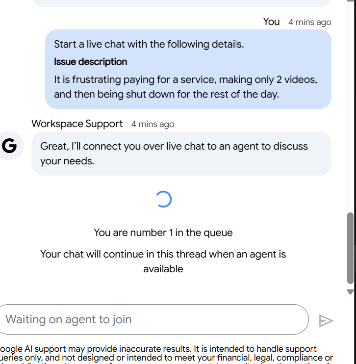 Hubinski69's tweet photo. Meanwhile @AskWorkspace  4  minutes waiting and I'm first in line. I think Google only has one agent. https://t.co/7QRTh3I7WM