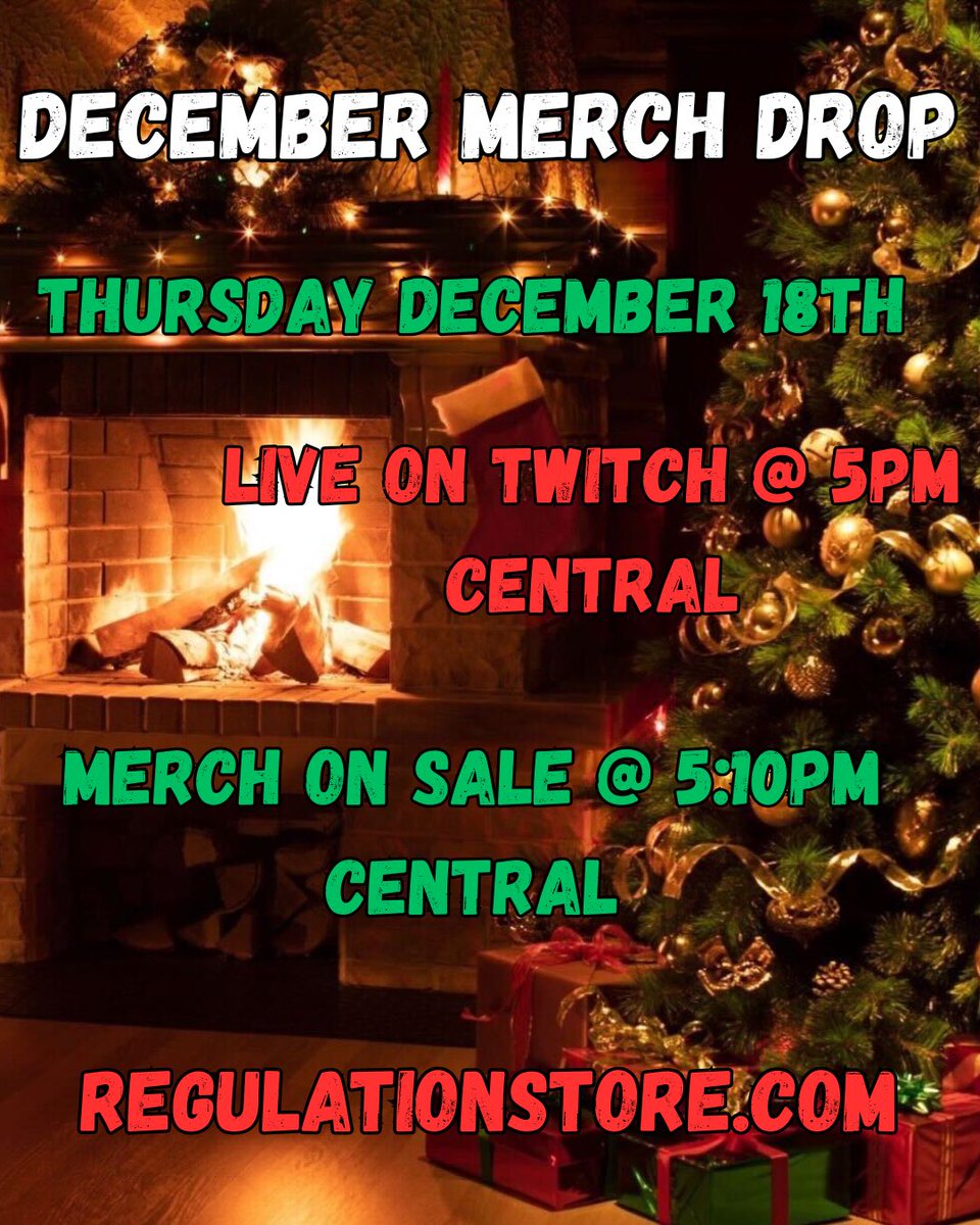 RegulationPod's tweet photo. DECEMBER MERCH DROP! This Thursday, December 18th,  Live on Twitch at 5PM CST Merch Drop at 5:10PM CST. Available online at the Regulation Store. https://t.co/jDIoA9MRTw