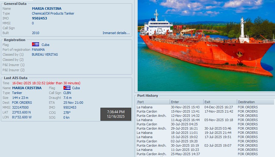 FlconEYES's tweet photo. ⚓️#MARIACRISTINA 9502453
Tanquero del régimen de #Cuba bajo el control del @PartidoPCC
Entró desde #Venezuela con combustibles para #CUPET #CUBAMETALES, #GAESA y los claves del PCC.
Ahora entregando en #Matanzas
#Now #Cuba #AIS #cubarcos #16Dec https://t.co/XxymmrrKKP
