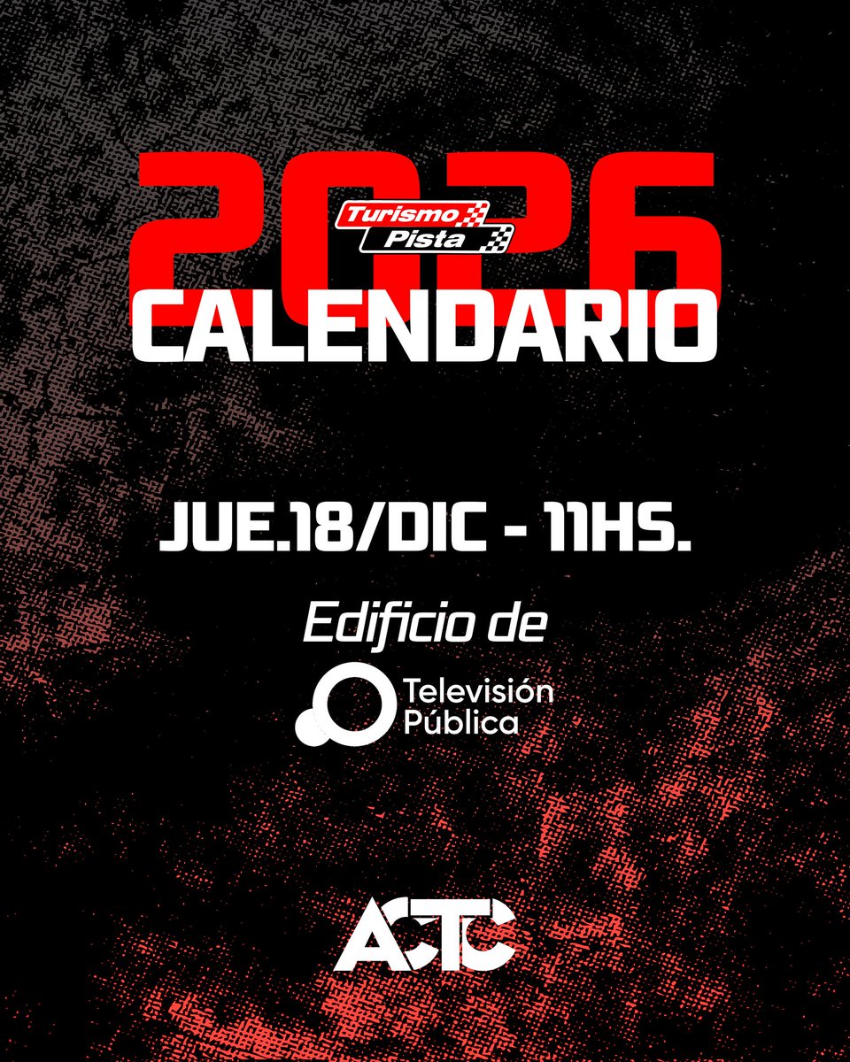 🏁 Se viene la presentación del Calendario 2026.

✅ Jueves 18 de diciembre | ⏰ 11 hs

📍 En la casa madre de la TV Pública, con la presencia de los pilotos campeones.

#TurismoPista