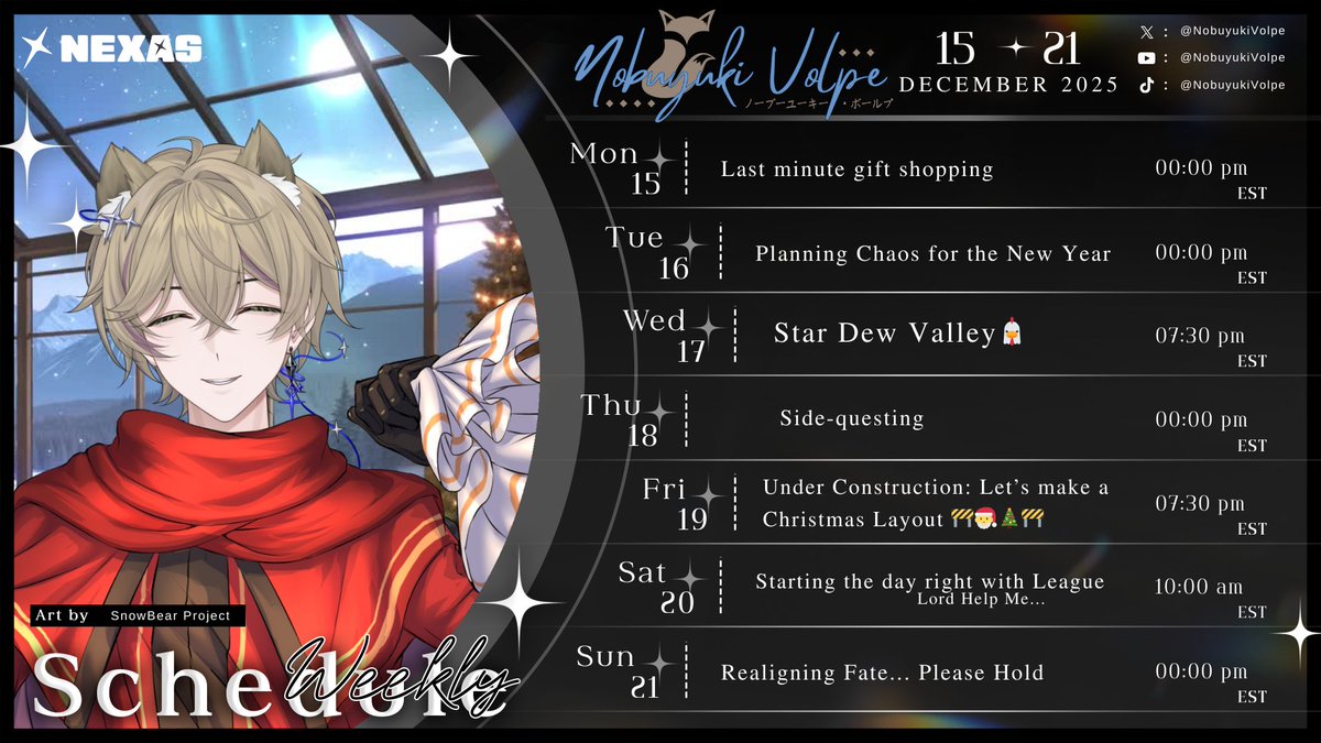 Weekly schedule is up! 

Stardew Wednesday 7:30 PM EST, building my Christmas overlay Friday 7:30 PM, and League Saturday 10 AM. The rest is holiday errands and side quests. 

How's your Christmas Shopping going?   ̷I̷ ̷h̷a̷v̷e̷n̷'̷t̷ ̷s̷t̷a̷r̷t̷e̷d̷ ̷m̷i̷n̷e̷.
#Vtuber