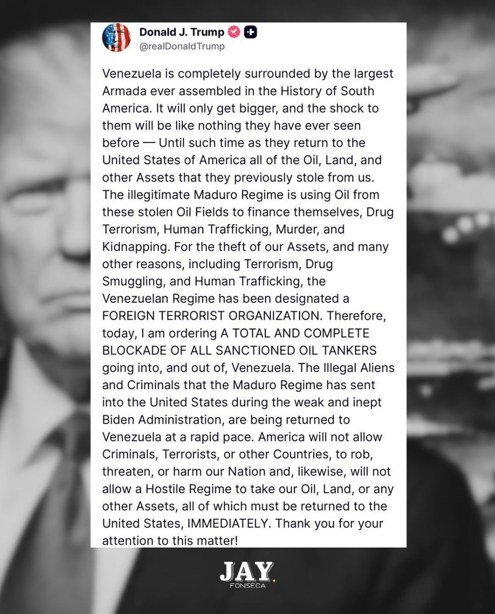 jayfonsecapr's tweet image. ⚡ El presidente Donald Trump ordenó un bloqueo total de todos los petroleros sancionados hacia y desde Venezuela, acusando al régimen de Nicolás Maduro de usar el petróleo para financiar narcotráfico, terrorismo, secuestros y otros crímenes. 

🛢️ Trump aseguró que Venezuela está…