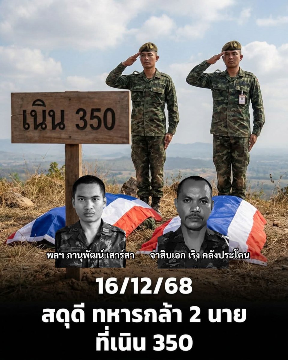 🇹🇭 สดุดีทหารกล้า ผู้พลีชีพเพื่อแผ่นดินไทย 🇹🇭

📅 16 ธันวาคม 2568
📍 สมรภูมิเนิน 350

💂‍♂️🖤 สดุดีทหารกล้า 

18. พลทหาร ภานุพัฒน์ เสาร์สา
19.  จ่าสิบเอก เริง คลังประโคน
สังกัด 5.23/3

สองชีวิต… สองหัวใจ
ที่ยอมแลกทุกอย่างที่มี
เพื่อปกป้องผืนแผ่นดินไทย 

🇹🇭 
ทหารกล้าของประชาชน