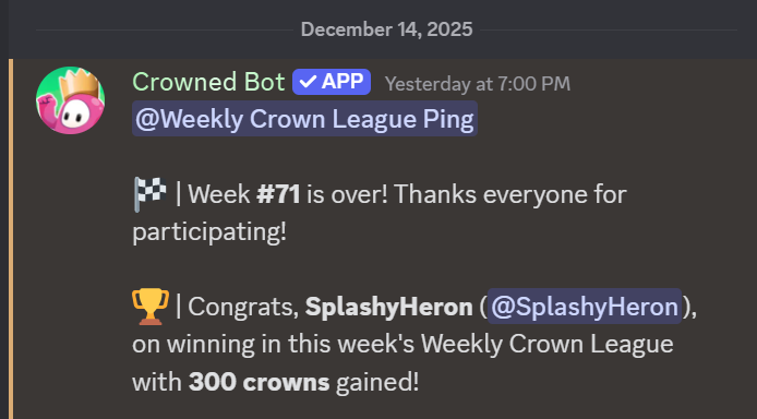 SplashyHeron's tweet photo. 21st Weekly Crown League win 👑 #FallGuys #CrownLeaderboard #FallGuysCrownLeaderboard #WeeklyCrownLeague https://t.co/IBcy9npgAs