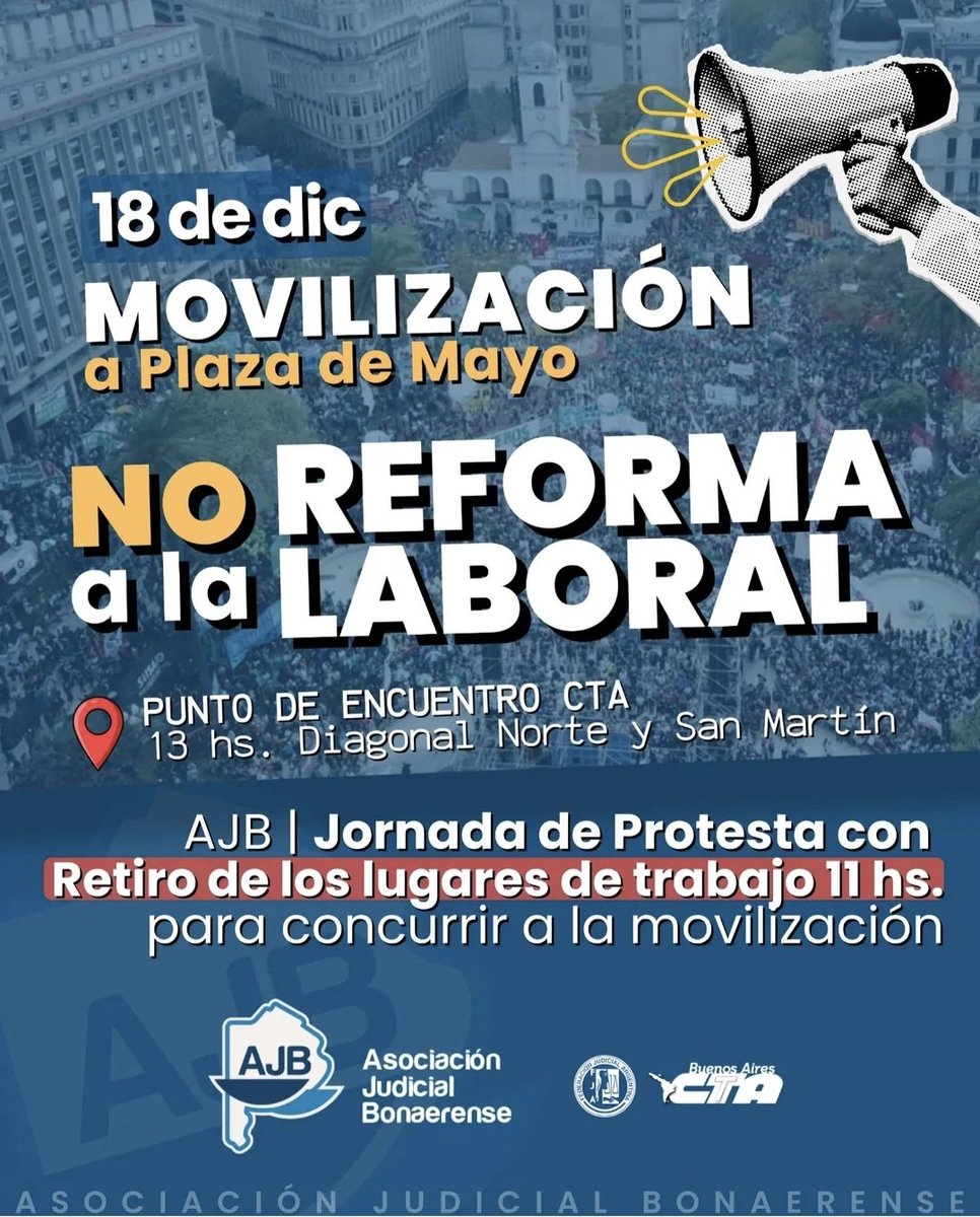 📣 Mañana movilizamos a Plaza de Mayo contra la ❌️reforma laboral❌️

🕙 11 hs. Retiro de los lugares de trabajo para concurrir a la movilización.

📍13 hs. Punto de encuentro en Diag. Norte y San Martín, CABA.

#NoALaReformaLaboral