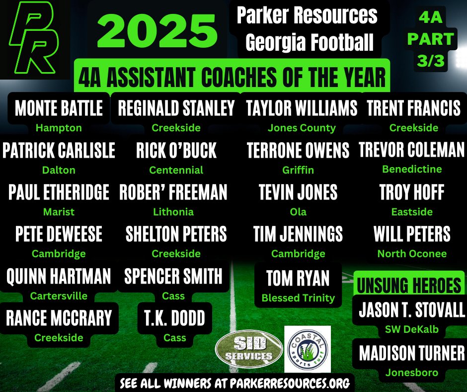 ParkerResources's tweet image. Congratulations to our Parker Resources 4A Georgia Assistant Coaches of the Year!  If you know them, tag them and congratulate them!