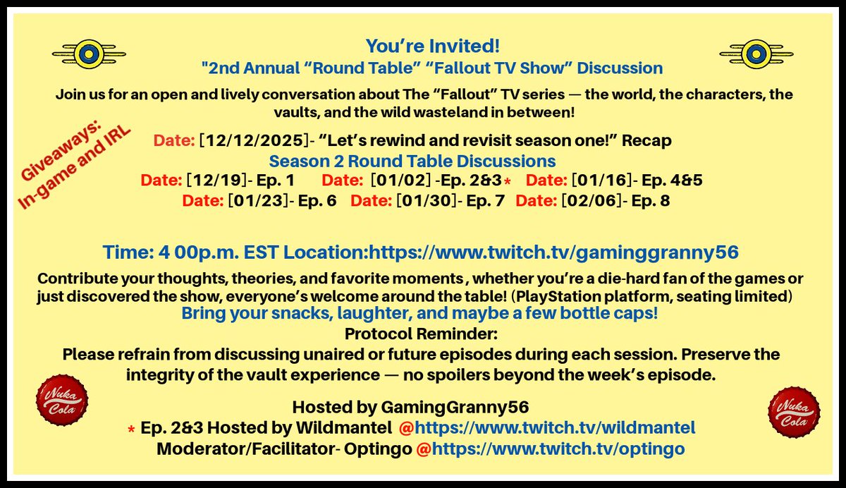 Come join the Roundtable <a href="/FalloutTVShow/">John Fallout</a>
Discussion. You are welcome to join in the stream or #Fallout76 in game on PlayStation 12/19/25 4pm EST.  twitch.tv/gaminggranny56