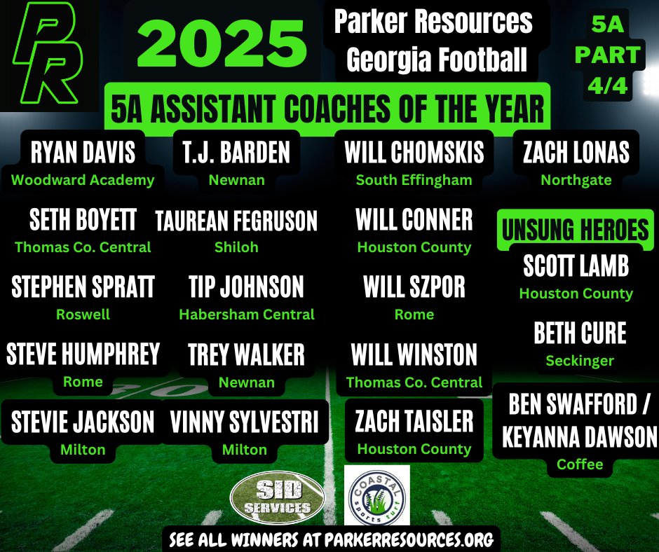 ParkerResources's tweet image. Congratulations to our Parker Resources 5A Georgia Assistant Coaches of the Year!  If you know them, tag them and congratulate them!