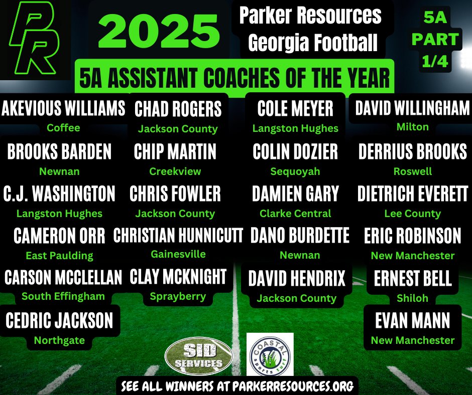 ParkerResources's tweet image. Congratulations to our Parker Resources 5A Georgia Assistant Coaches of the Year!  If you know them, tag them and congratulate them!