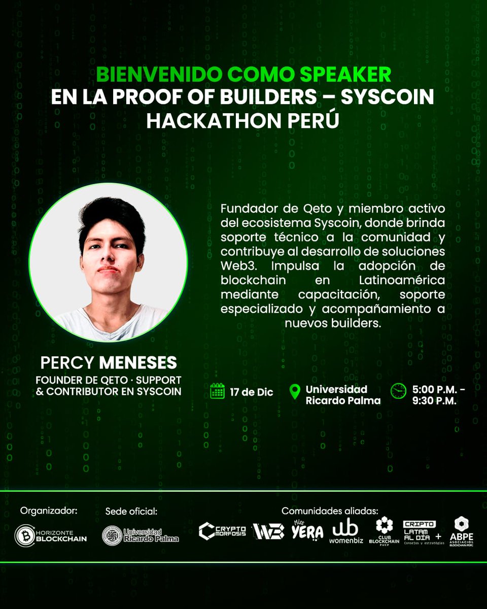 HorizonteBlock's tweet image. 🚨 Último día de registro
🎙 Mentoría con Percy Meneses (@Syscoin)
🙏 Gracias a nuestras comunidades aliadas por impulsar el ecosistema:
@cryptomorfosis @web3builders @missyera @womenbiz @clubblockchainpucp @CriptolatamDia @abpe
👉 Regístrate ahora:
horizonteblockchain.org/eventos-web3