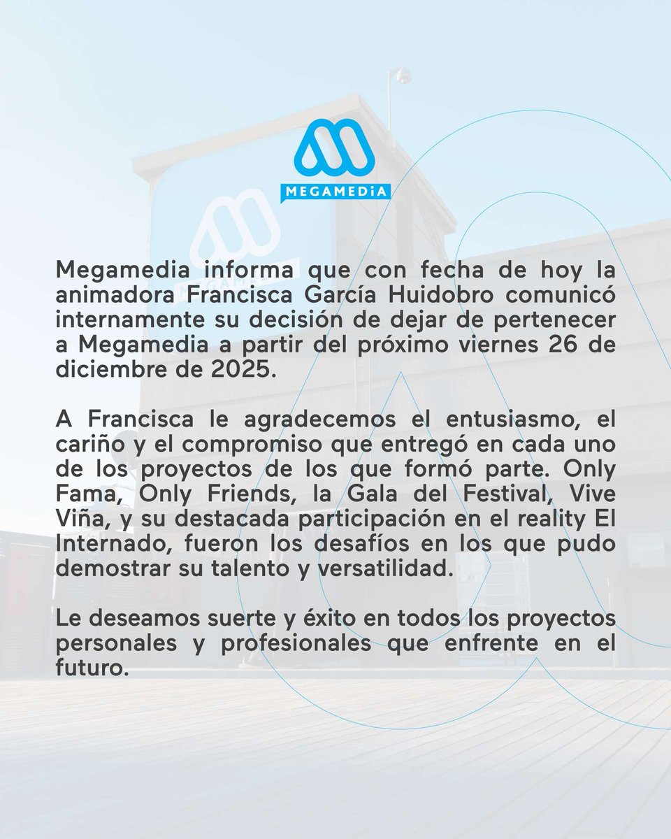 OjoalaTele's tweet image. [EN DESARROLLO]

Francisca García Huidobro renuncia a Mega, siendo efectivo a contar del 26 de diciembre.