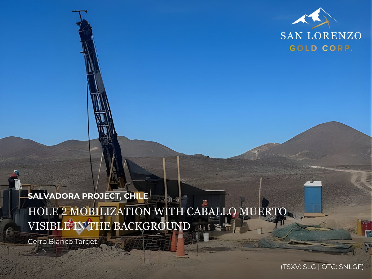 Diamond drill rig mobilizing on 2nd hole at Cerro Blanco target of Salvadora Project, Chile, with Caballo Muerto target area visible in the background, approximately 3 kilometres to the West.

Follow along: sanlorenzogold.ca

$TSXV $SLG $OTC $SNLGF #Chile #Copper #Gold