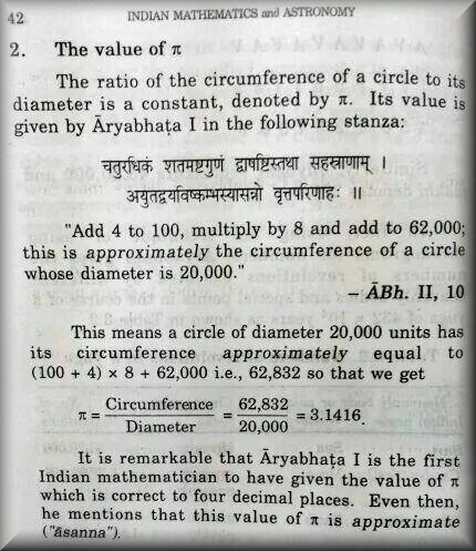 pickover's tweet photo. Mathematics.

This is India.  "Aryabhata I" gave an accurate value for Pi (5th century).

(Note: I'd like to give credit to the author of this page 42, and I think it's from S. Balachandra Rao, Jnana Deep Publications. Would anyone know for certain?) https://t.co/Z62y1BBhy3