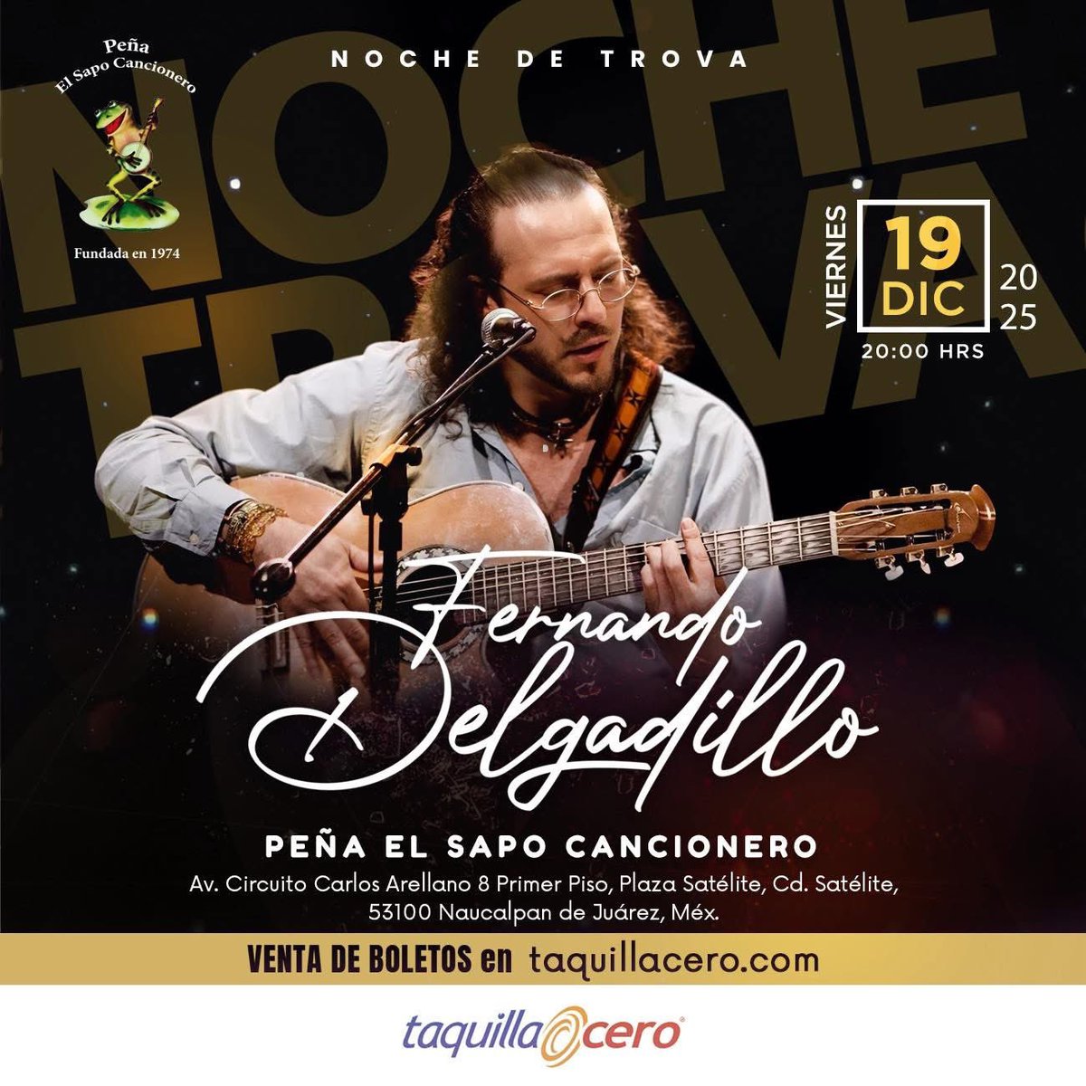 Queridos hermanos de #Naucalpan y municipios cercanos, despidamos este 2025 con un concierto íntimo lleno de trova y recuerdos 🌟🤗

La cita es el viernes 19 de diciembre en la Peña El Sapo Cancionero a las 20:00 hrs. 

Boletos a la venta en taquillacero.com/fernando-delga…