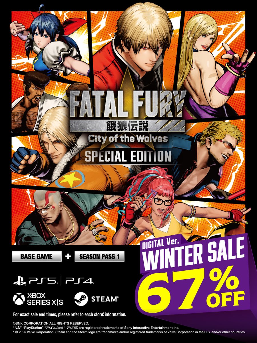 🎄 Winter Sale Now Live 🎄

Available on Steam / PS / Xbox 🎮
FATAL FURY: CotW, featuring 5 DLC characters including Mr. BIG, Ken, and Chun-Li, is now 67% OFF‼️

Perfect as a Christmas gift! 🎁✨

👇 More details
snk-corp.co.jp/us/games/fatal…

#FatalFury #CotW