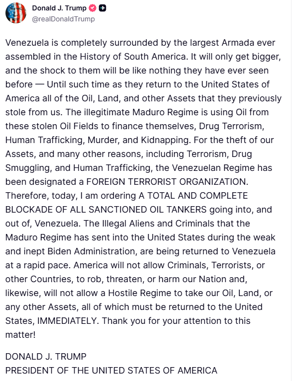 frrodriguezc's tweet photo. In practice, this decision amounts to a full naval blockade of Venezuela.  Cutting off all oil revenue will lead to a massive reduction in food imports and is likely to trigger the first major famine in the Western Hemisphere in modern history. https://t.co/OPw7N52FV2