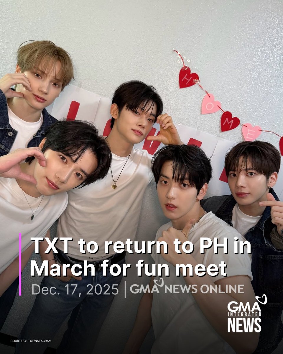 gmanews's tweet image. GET LOUD FILO MOAs, TXT IS COMING! 🩵✨🍩

K-pop boy group Tomorrow X Together, also known as TXT, is set to hold a fun meet for their fans next year!

READ: 
gmanetwork.com/news/lifestyle…