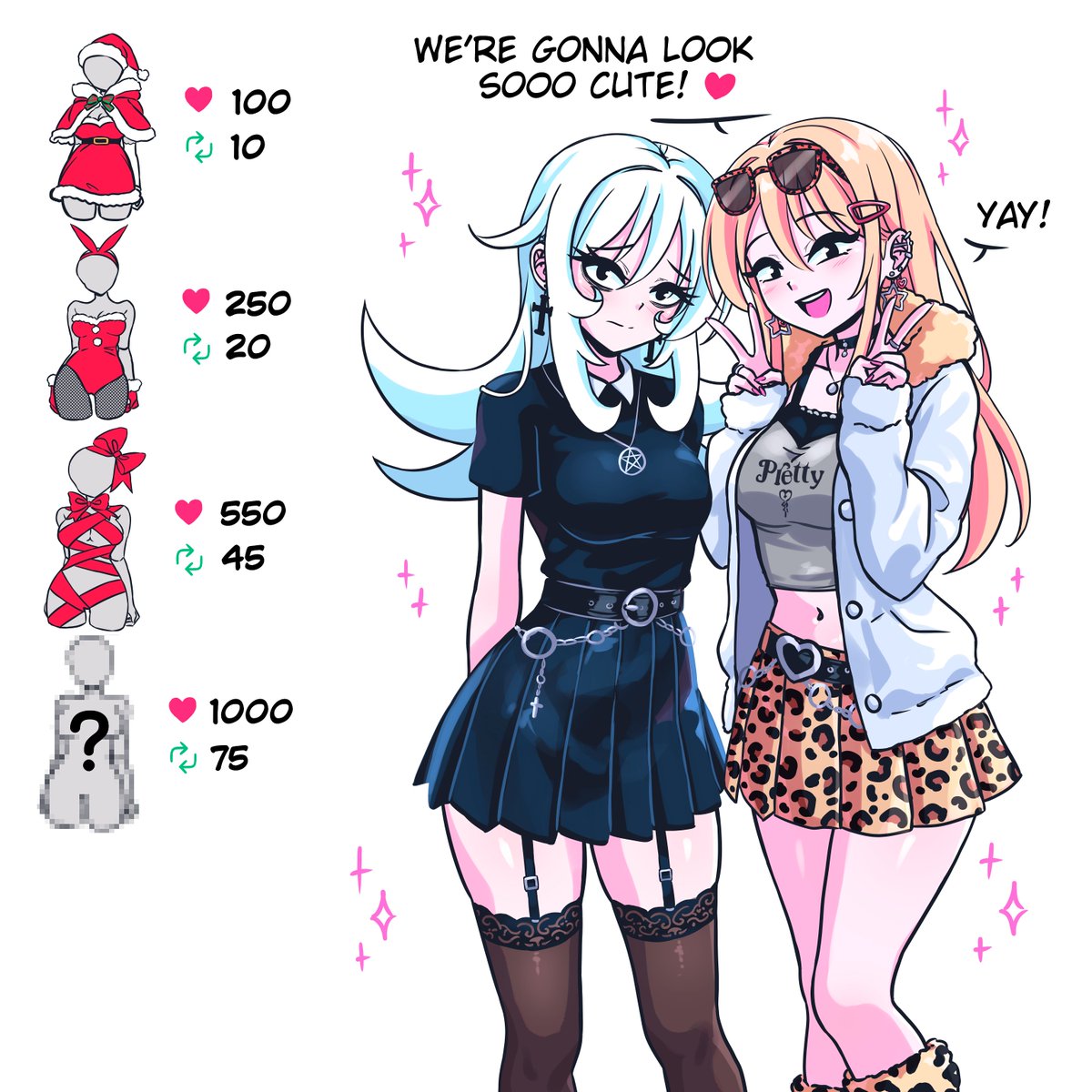 Veguinsky's tweet image. If we hit each like ❤️ and share 🔁 goal, I’ll be drawing Dina and María in the Christmas outfits shown here 👀✨
Which one would you like them to wear? 💖🎁