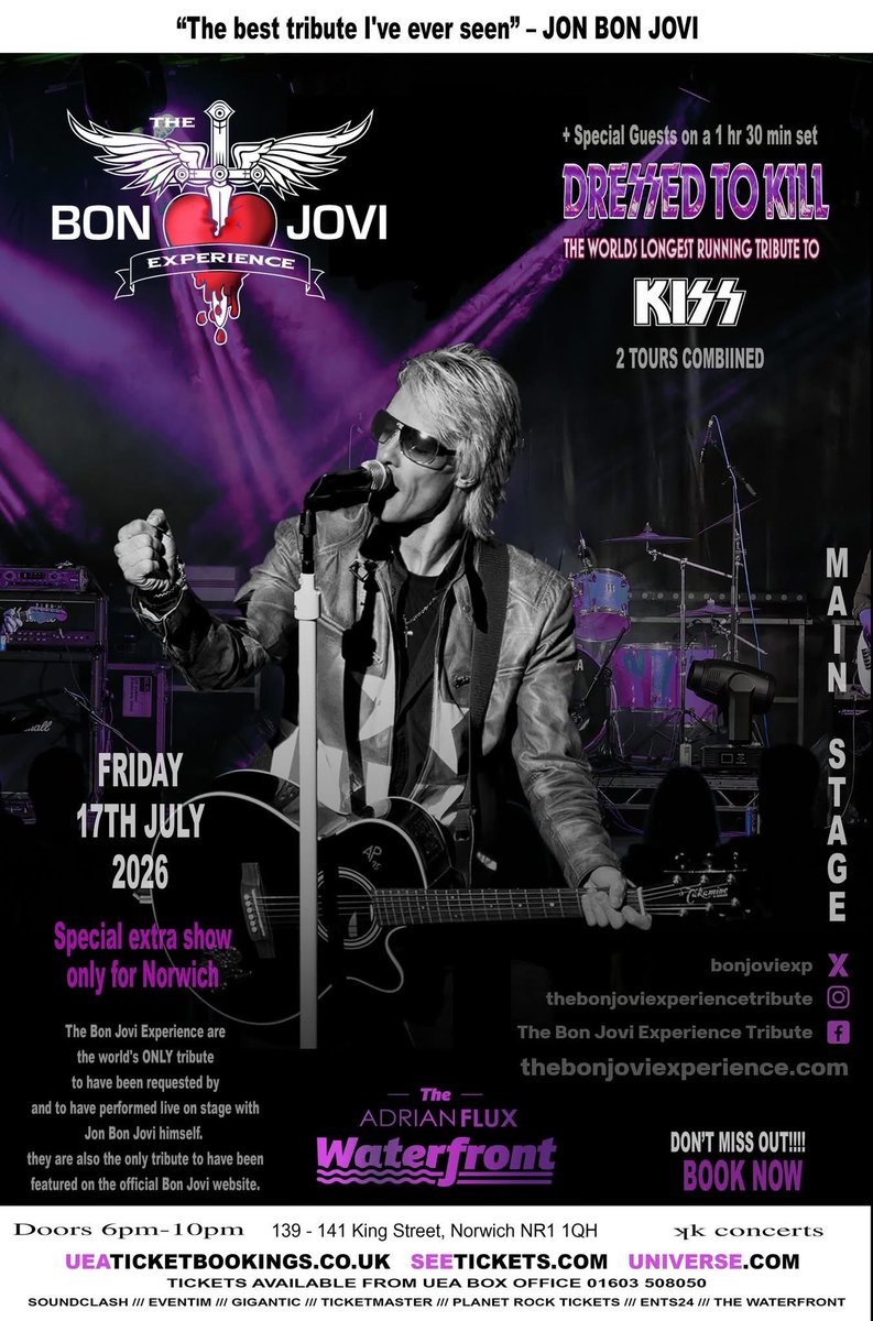 Concerts_Tours's tweet photo. SHOW ANNOUNCEMENTS - 2026

pre-sale ticket link https://t.co/4jea4qpKbl

Friday 17th July 2026
the Waterfront Norwich
The Bon Jovi Experience
+ KISS tribute Dressed To Kill

Saturday 5th Dec 2026
the Waterfront Norwich
The Bon Jovi Experience
+ Motley Crue tribute 'Motley Crude' https://t.co/SH6yHrAeS5