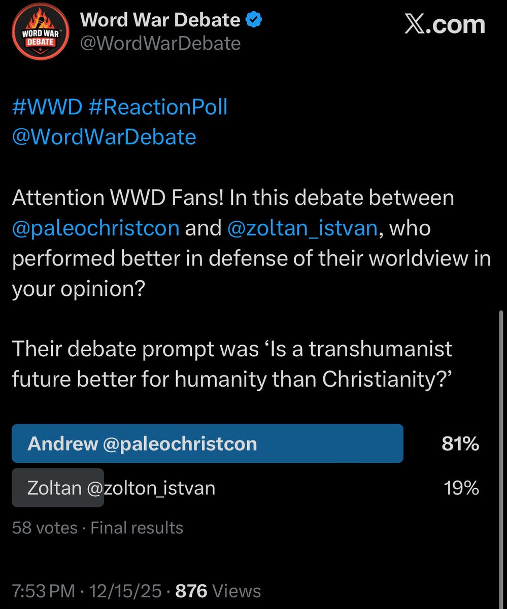 WordWarDebate's tweet photo. #WWD #PollAnalysis
The audience has spoken.
In the matchup between @paleochristcon and @zoltan_istvan, voters overwhelmingly felt that Andrew delivered the stronger performance—securing 81% of the vote against 19%.
58 votes
876 views
The debate centered on a high-stakes question:
“Is a transhumanist future better for humanity than Christianity?”
What this result signals isn’t just agreement with a worldview—it reflects execution. Clarity, coherence, and the ability to defend foundational principles under pressure matter in the arena. In this case, the audience felt Andrew articulated his case more effectively and held his ground throughout the exchange.
This is exactly why @WordWarDebate exists: ideas tested publicly, performances judged by the audience, and no outcome decided by noise alone.
More matchups. More polls. More intellectual combat.
Welcome to the Arena.
