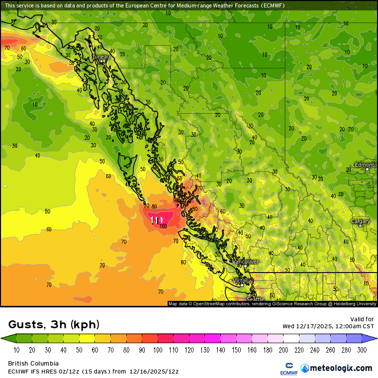 Zach_wx's tweet photo. #BCStorm #BCwx #BCWind
Not like its needed, but once again, these winds, on top of some help from the overly saturated soils due to the recent rainfall, are anticipated to cause extensive tree damage & related power outages.
As for elsewhere, 30-60 km/h gusts will be possible, w/ higher gusts (up to 70-90 km/h) possible in higher elevations.
However, winds for southern coastal regions will gradually wane during the morning.
Eventually, by late morning tmrw, & continuing through the rest of the day tmrw, generic 30-60 km/h gusts will be expected for some-most of the coast.