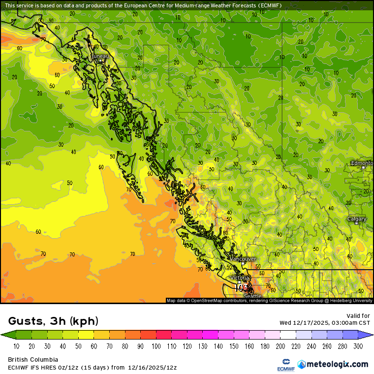 Zach_wx's tweet photo. #BCStorm #BCwx #BCWind
Not like its needed, but once again, these winds, on top of some help from the overly saturated soils due to the recent rainfall, are anticipated to cause extensive tree damage & related power outages.
As for elsewhere, 30-60 km/h gusts will be possible, w/ higher gusts (up to 70-90 km/h) possible in higher elevations.
However, winds for southern coastal regions will gradually wane during the morning.
Eventually, by late morning tmrw, & continuing through the rest of the day tmrw, generic 30-60 km/h gusts will be expected for some-most of the coast.