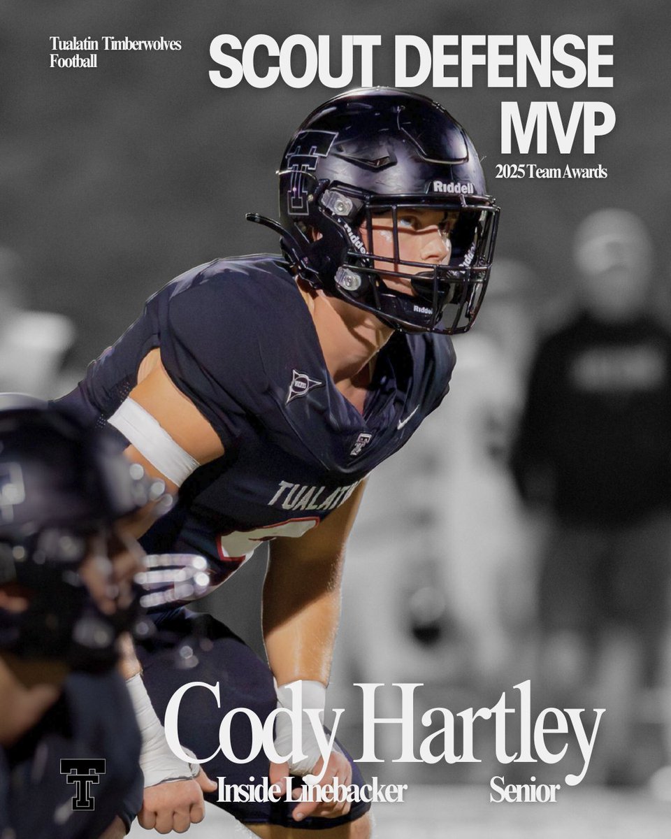 TualatinHSFB's tweet photo. Congratulations to our 2025 Varsity Scout Defense MVP @Cody_Hartley0!

All awards are voted on by their teammates and represent a culmination of the great year we had this past season.

#AllFight https://t.co/sJNt7oJjCd