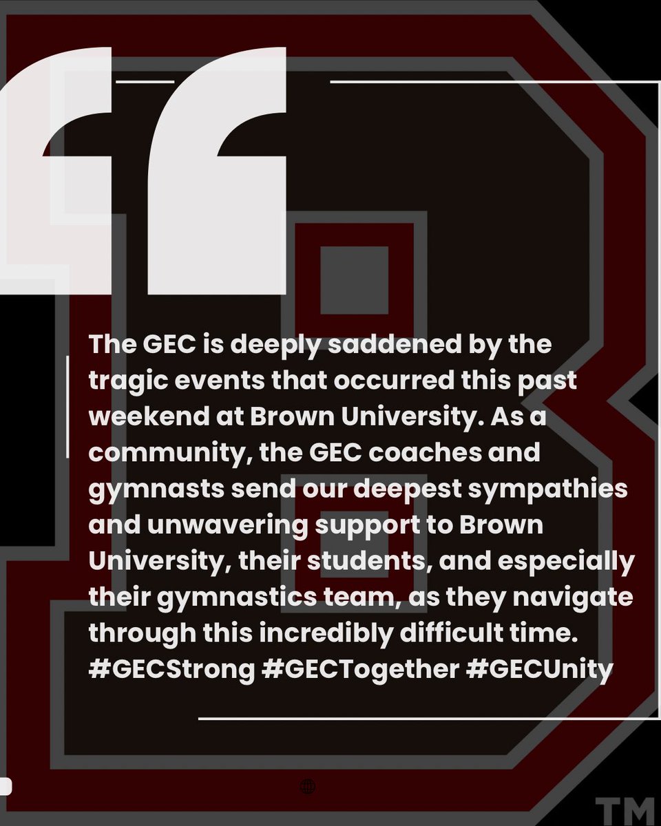 The GEC community sends love, strength, and support to Brown University and its gymnastics family during this difficult time. 🤍 With love from: Cornell, Southern Connecticut, Bridgeport, Penn, West Chester, William &amp; Mary, Yale #GECStrong #GECTogether #GECUnity