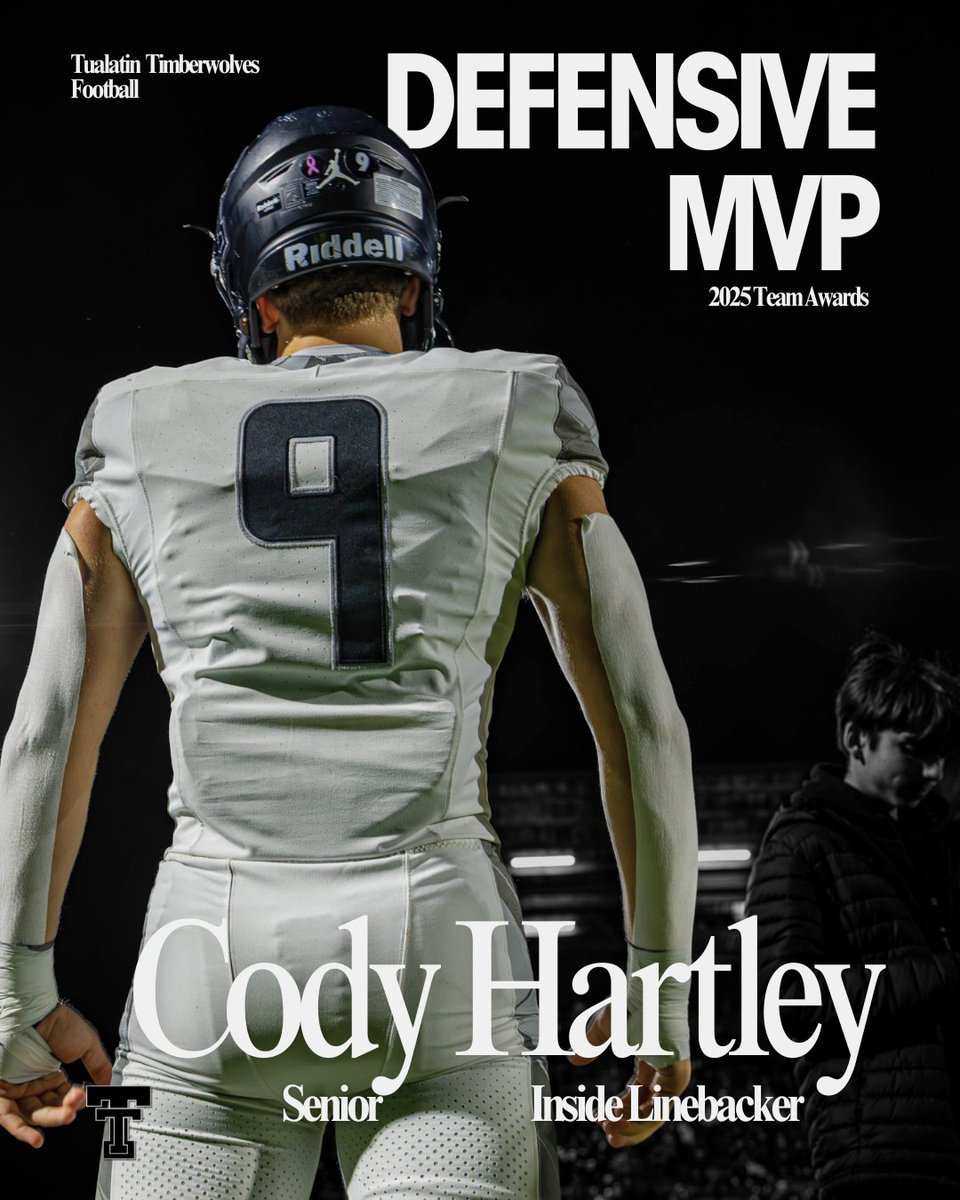 TualatinHSFB's tweet photo. Congratulations to our 2025 Varsity Defensive MVP @Cody_Hartley0!

All awards are voted on by their teammates and represent a culmination of the great year we had this past season.

#AllFight https://t.co/9pyi8xjZcv