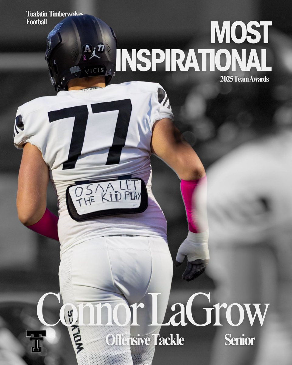 TualatinHSFB's tweet photo. Congratulations to our 2025 Varsity Most Inspirational Player @ConnorLaGrow! 

All awards are voted on by their teammates and represent a culmination of the great year we had this past season.

#AllFight https://t.co/wOM2pTenxm