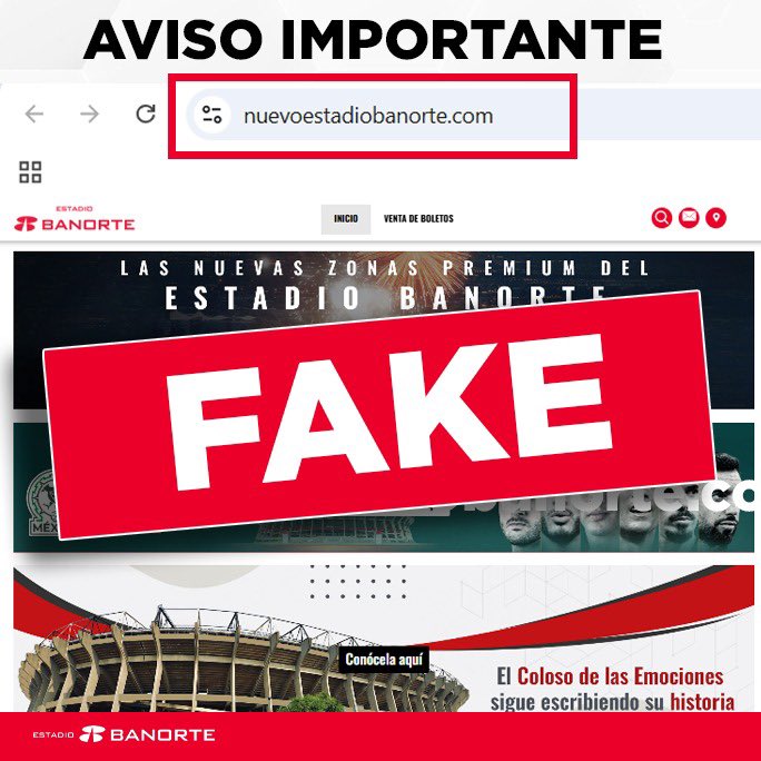 EstadioBanorte's tweet photo. 🚨 AVISO IMPORTANTE 🚨
El sitio web https:// nuevoestadiobanorte. com NO es oficial y NO tiene relación con el Estadio Banorte.
❌ No compres boletos ni espacios a través de sitios web no verificados.
✔️ Consulta siempre nuestros canales oficiales. https://t.co/2214d8Jeqz