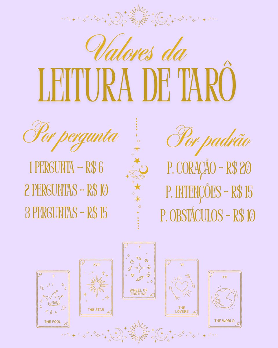 formulaenby's tweet image. ㅤㅤㅤㅤㅤㅤㅤ. ✦ ˖ ⊹ .🔮˖ ⊹ . ✦ ˖
Olá #f1twt br, voltei a fazer leitura de tarô! Esses são os valores. Eu atendo por demanda e disponibilidade! Minhas dm estão abertas para explicações, discussão de valores e meios de pagamento!
observação: não faço leitura sobre pilotos ;)