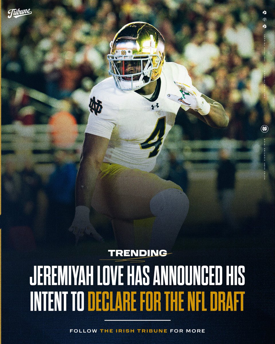 TheIrishTribune's tweet image. 𝐁𝐑𝐄𝐀𝐊𝐈𝐍𝐆: Jeremiyah Love has declared for the NFL Draft -

Love leaves Notre Dame as one of the best running backs in school history, and the consensus No. 1 prospect at his position in the draft.

He is the only player in Irish history to win the Doak Walker Award, ND’s…