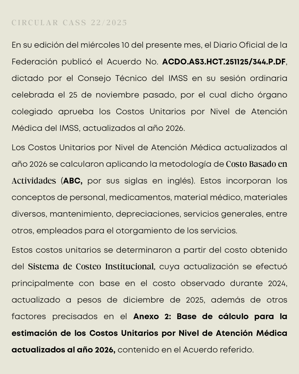 CASSabogados's tweet photo. 📢 IMSS publica Costos Unitarios de Atención Médica 2026

El IMSS dio a conocer los nuevos costos unitarios que entrarán en vigor a partir del 1 de enero de 2026, aplicables para la determinación de capitales constitutivos y otros créditos conforme a la Ley del Seguro Social.

Consulta los detalles en nuestra más reciente circular.