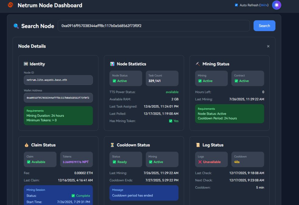 WuYa518's tweet image. Just built this Netrum Node Dashboard! 🚀
Real-time node monitoring: stats, mining status, cooldowns, claim info, logs, and easy search by wallet or ID.
Demo: netrum123.xyz
Github: github.com/wuya51/netrum-…
@netrum_ai @base @buildonBase