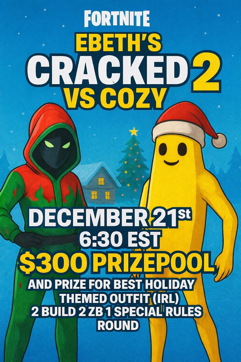✨ $300 random duo tourney ✨ 
📅 December 21st, 6:30pm est
🎮 2 build, 2 zero build, 1 squad fill game (ALL NAC)

📌 To be considered:
- Follow <a href="/ebeth35/">ebeth</a> 
- Like and Retweet ♻️ 
- Reply if interested 😛